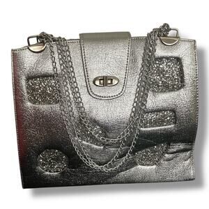 Vintage Silver Glitter Patch Chain Shoulder Bag - Statement Purse